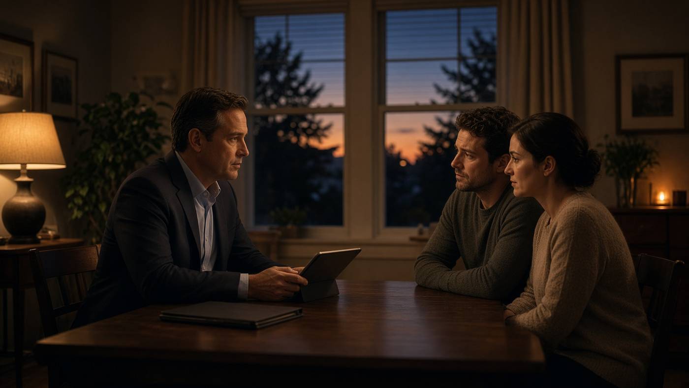 Licensed advisor meeting a couple at a dining table at dusk