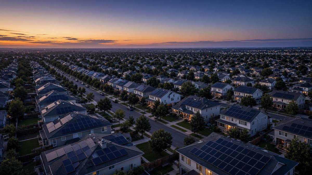 Suburban rooftops with solar arrays at dusk