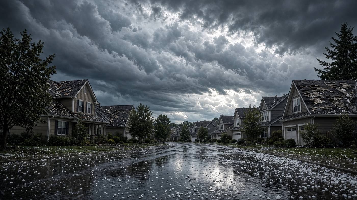 Suburban roofs under breaking storm clouds